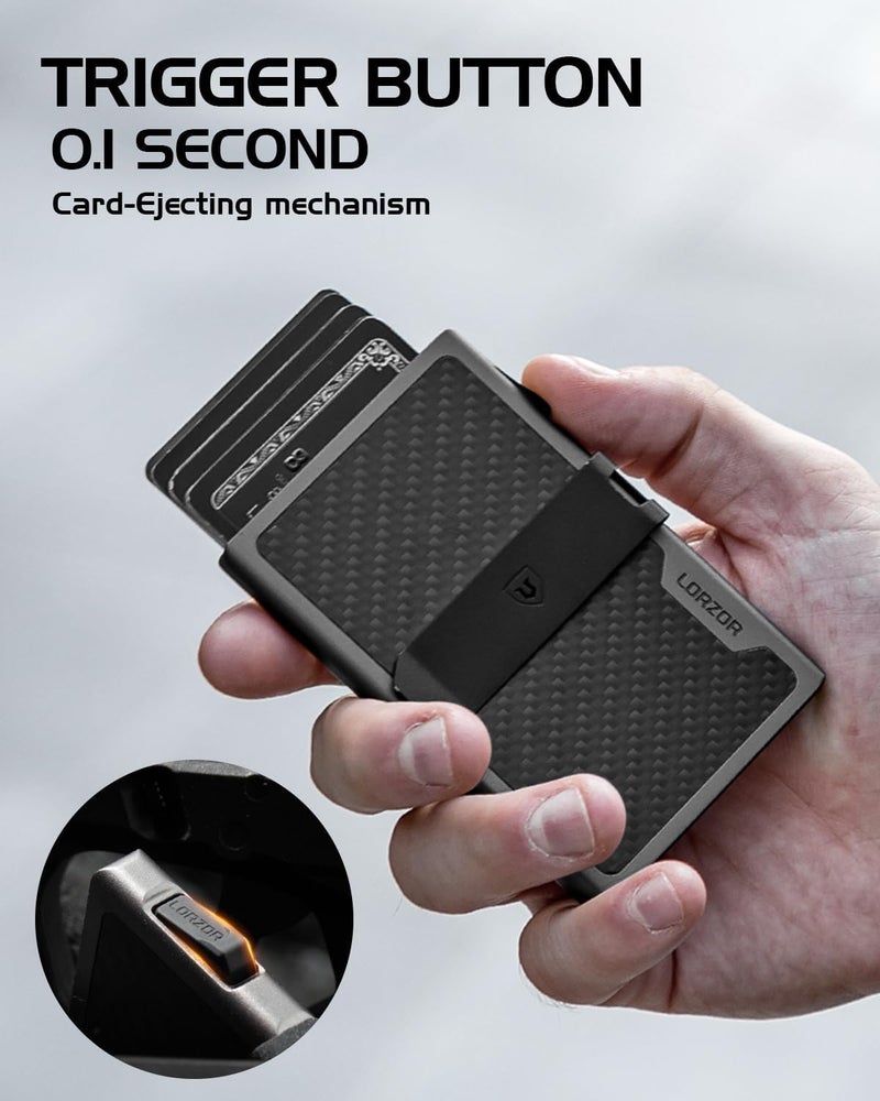 LORZOR Carbon Fiber Wallet for Men, 0.3IN Ultra-slim Minimalist Card Holder with Money Clip, Trigger Button for Quick Card Access, Ultra-light Aerospace Aluminum, RFID-Blocking, Gift Box - Image 4